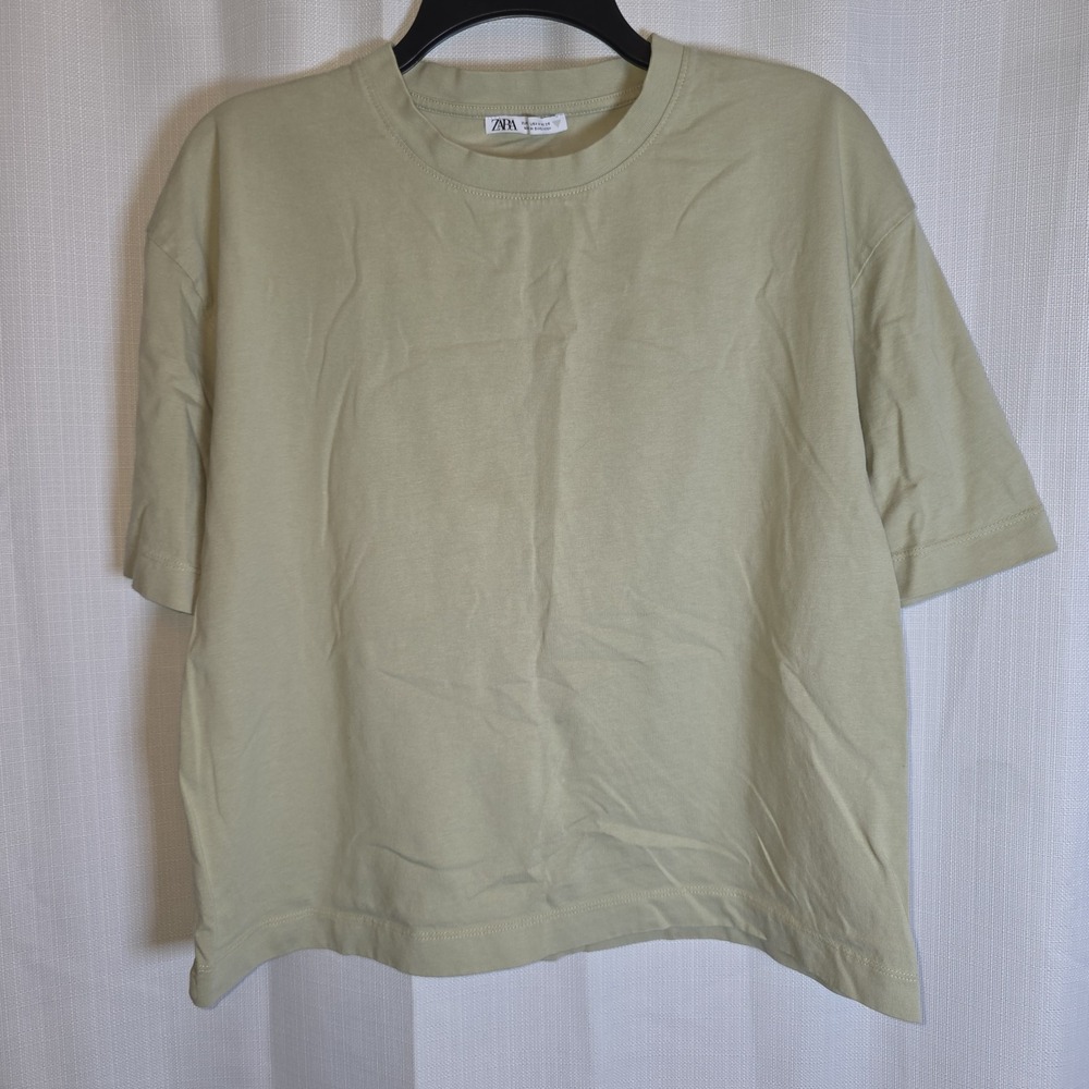 Zara Women Cropped Basic T-Shirt Olive Green Short Sleeve Round Neck M